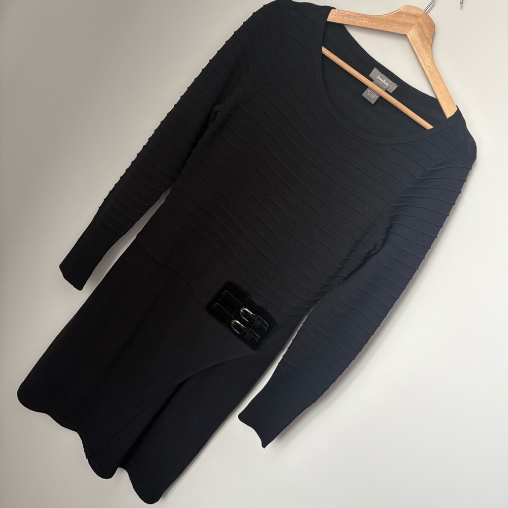 Neiman Marcus Women Black Ribbed Sweater Dress Wrap Buckle Detail Size Small (S)